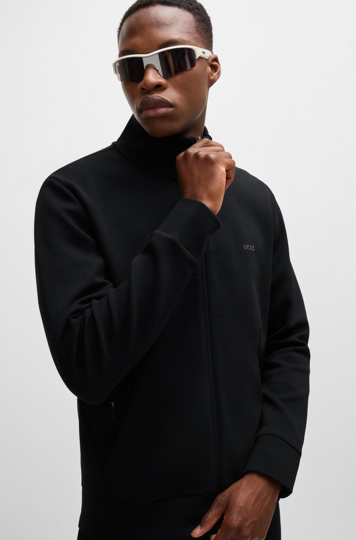 Stretch-cotton zip-up sweatshirt with logo print - Black