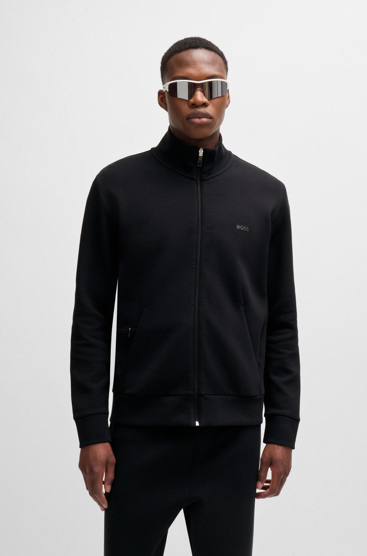 Stretch-cotton zip-up sweatshirt with logo print - Black