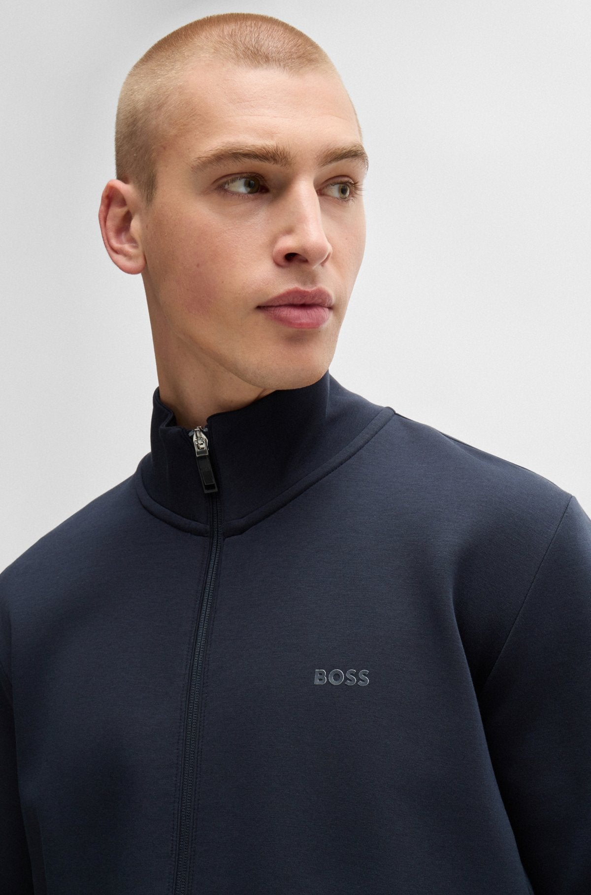 Stretch-cotton zip-up sweatshirt with logo print - Dark Blue