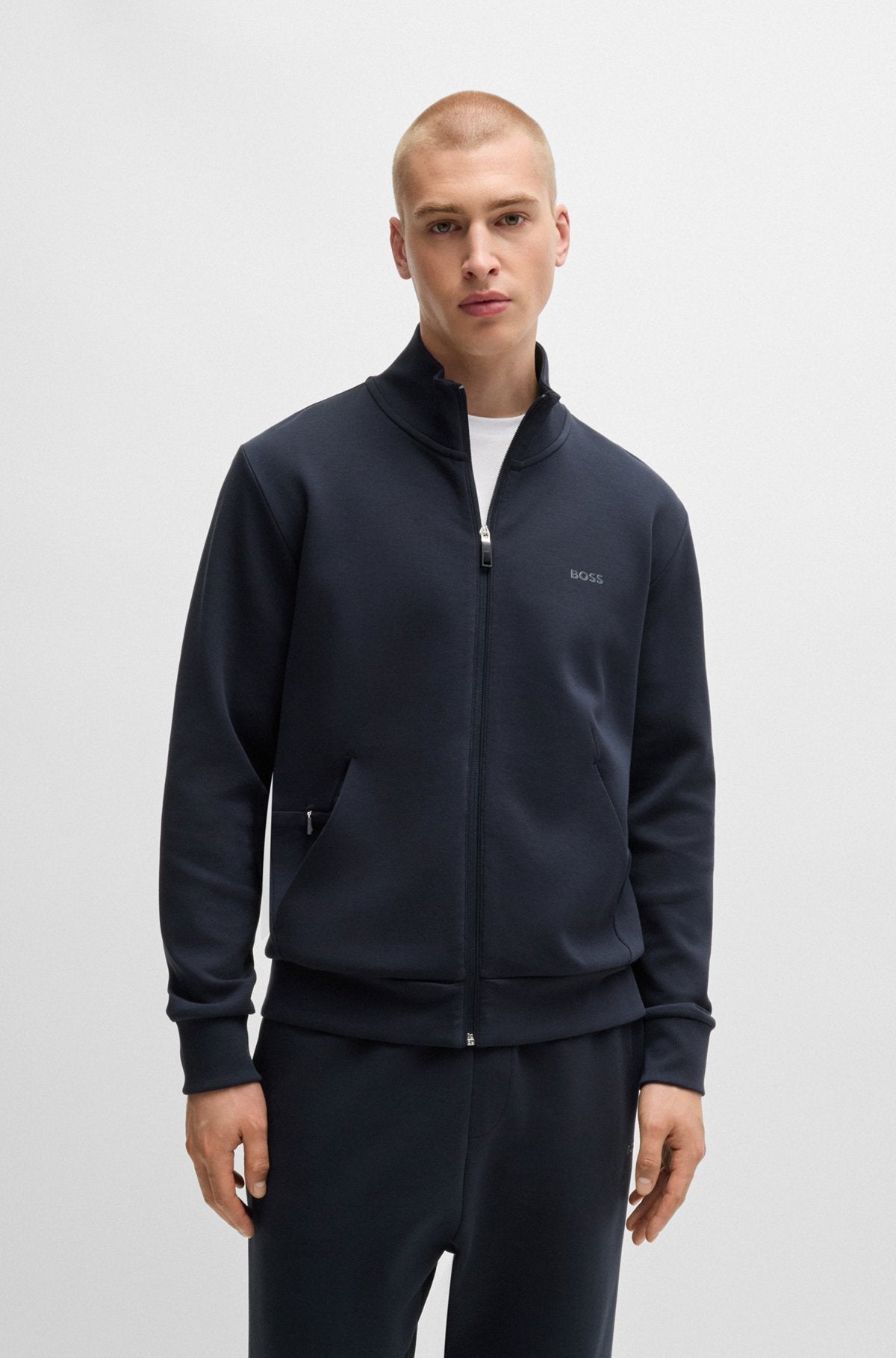 Stretch-cotton zip-up sweatshirt with logo print - Dark Blue