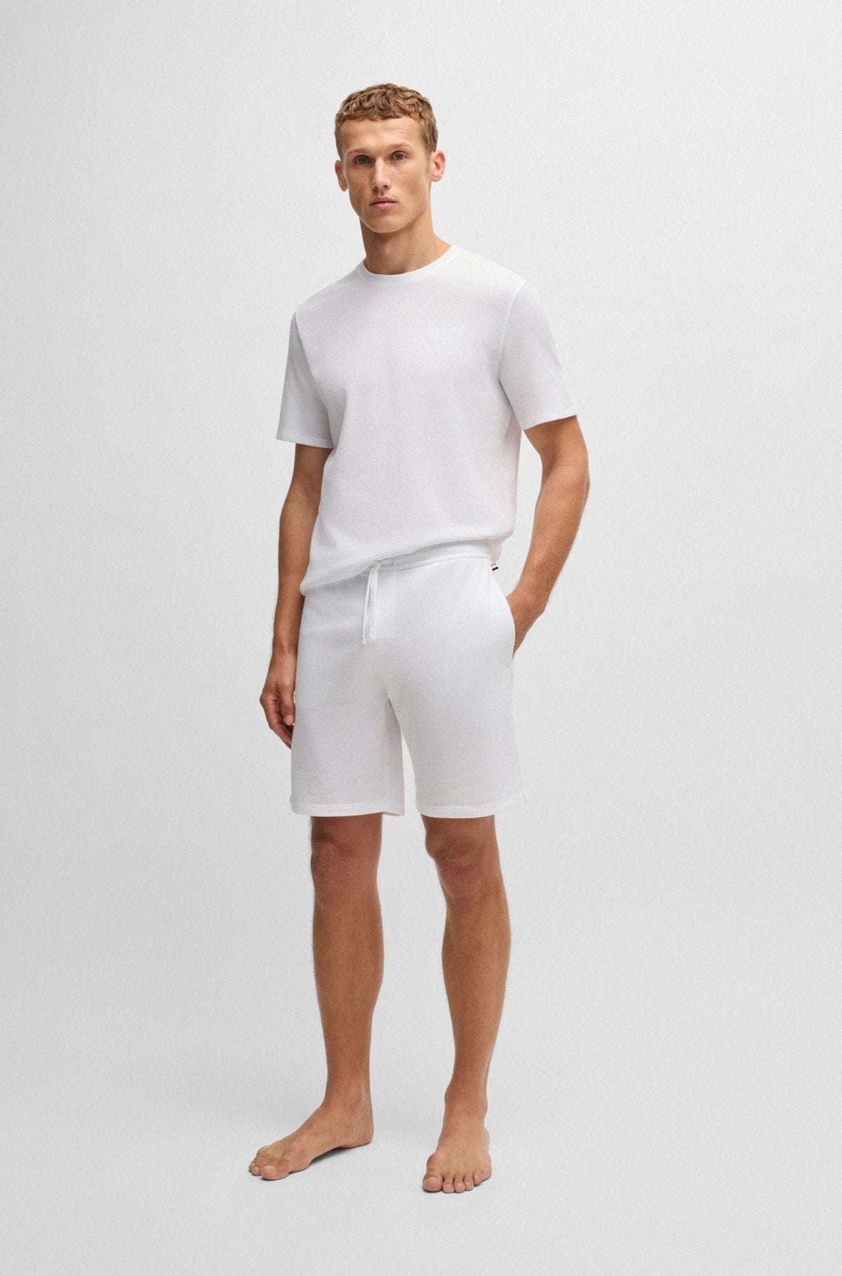 Waffle-structured pyjama T-shirt with embroidered logo - White