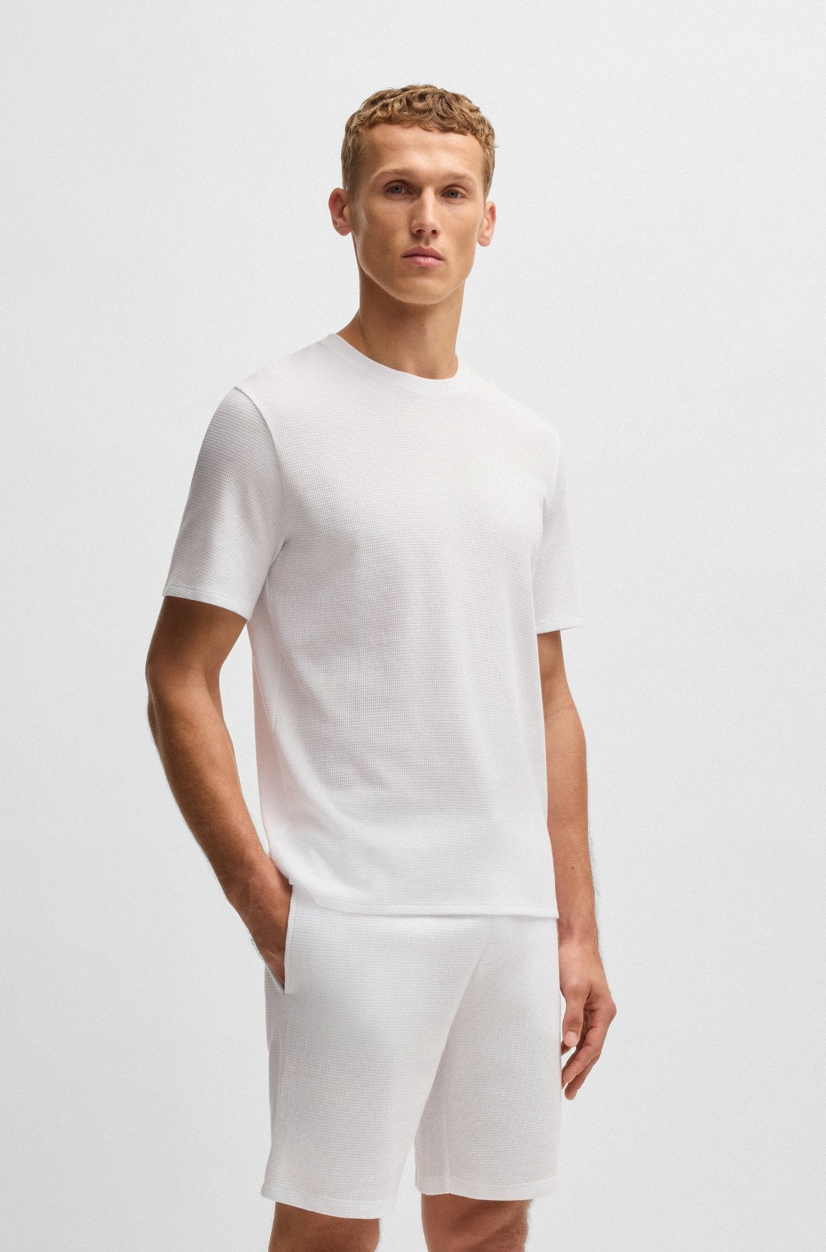 Waffle-structured pyjama T-shirt with embroidered logo - White