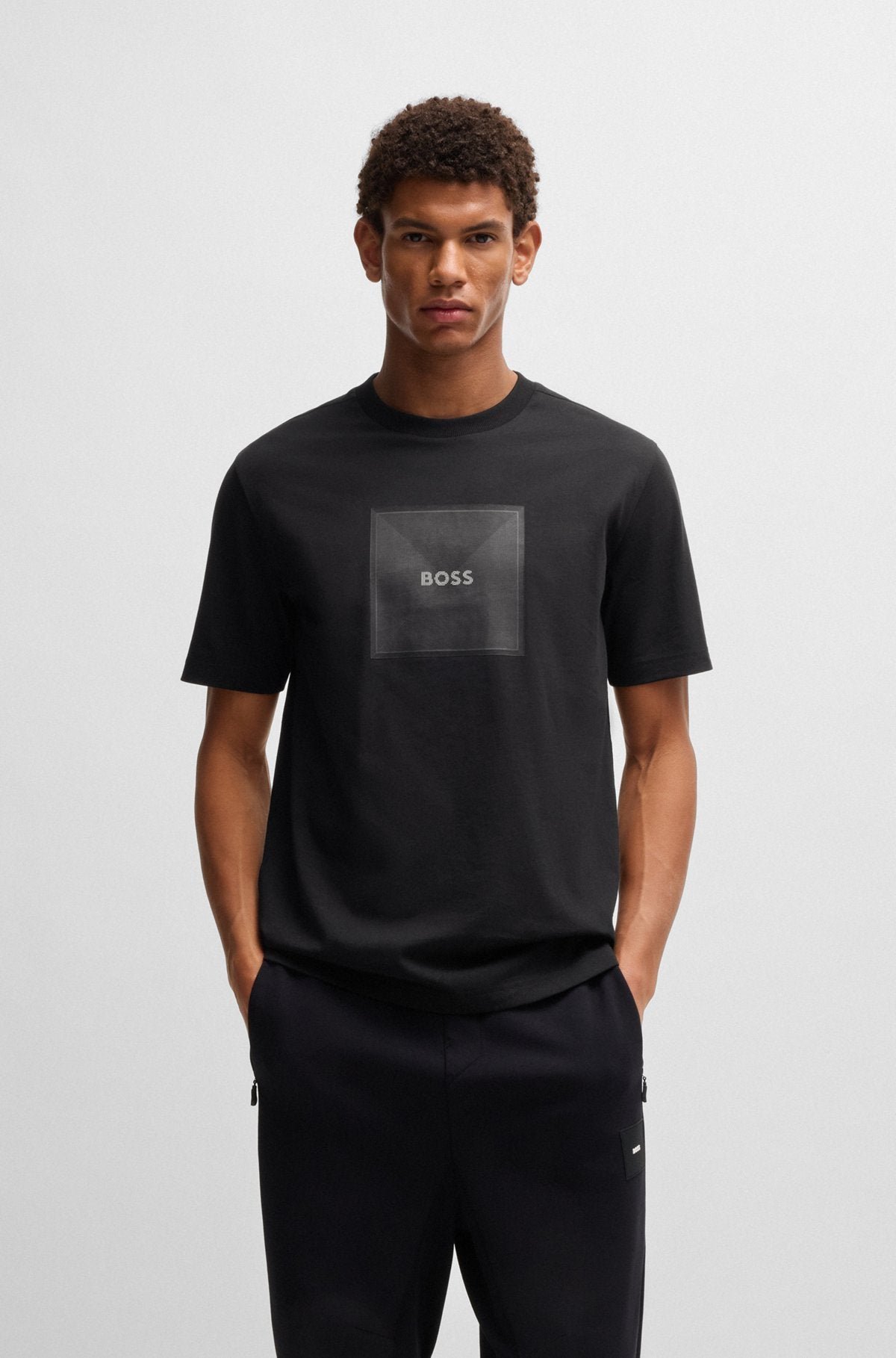 Cotton-jersey T-shirt with fineline logo artwork - Black
