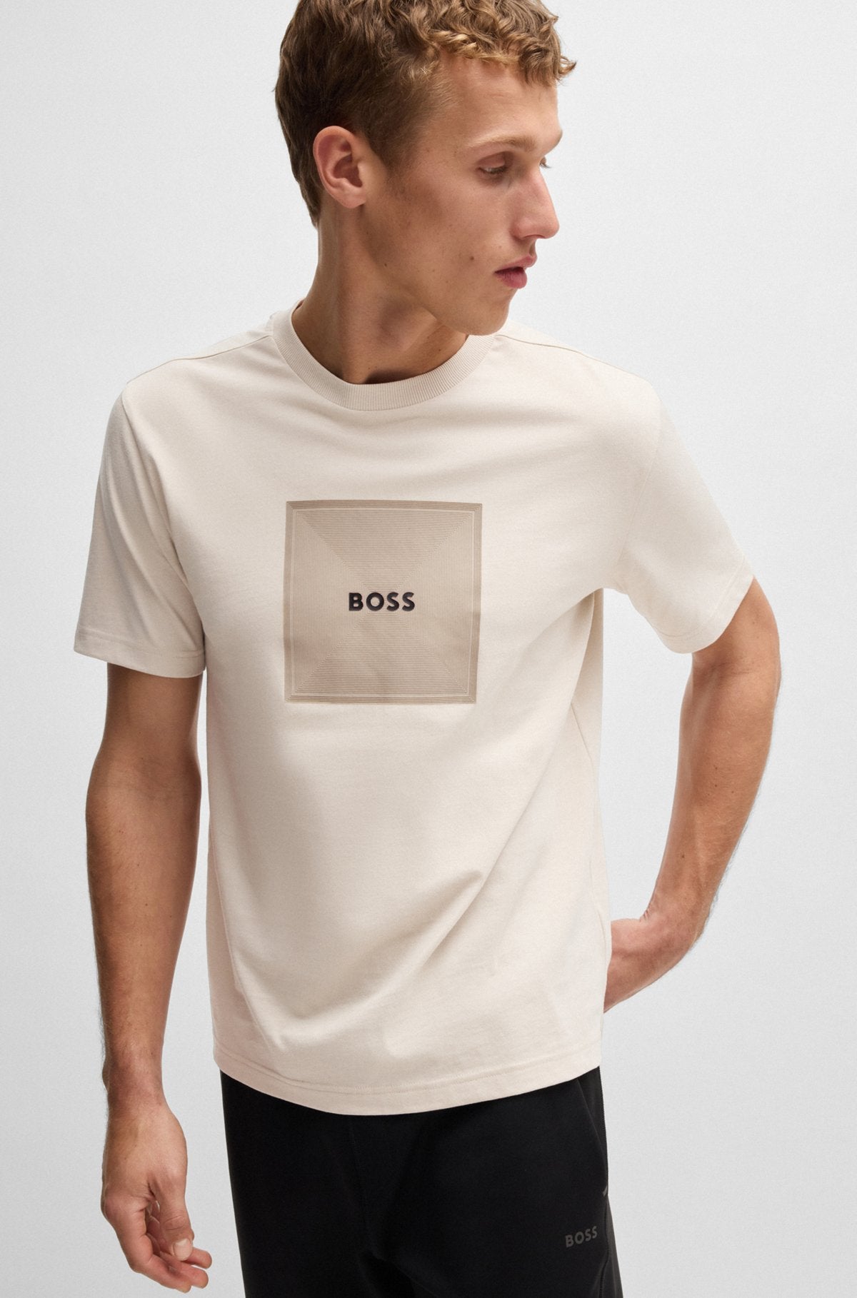 Cotton-jersey T-shirt with fineline logo artwork - Light Beige