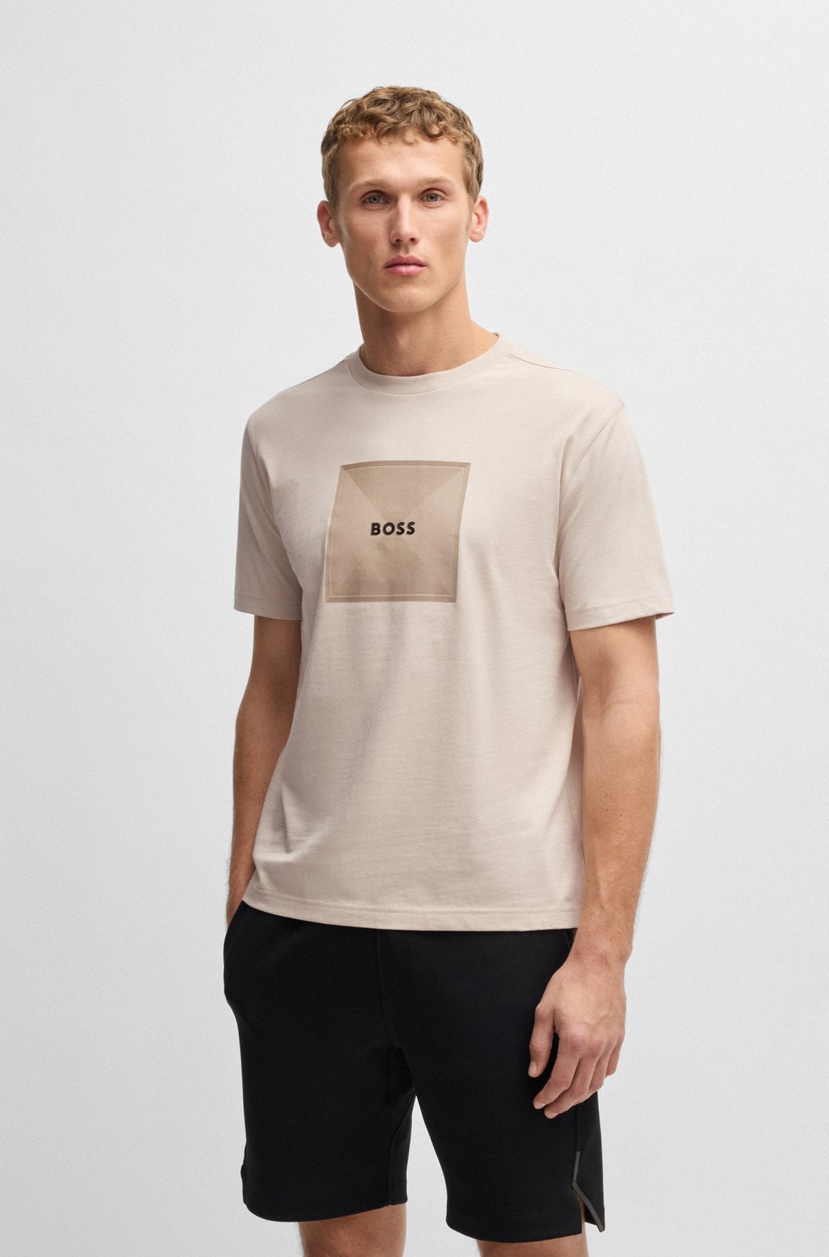 Cotton-jersey T-shirt with fineline logo artwork - Light Beige