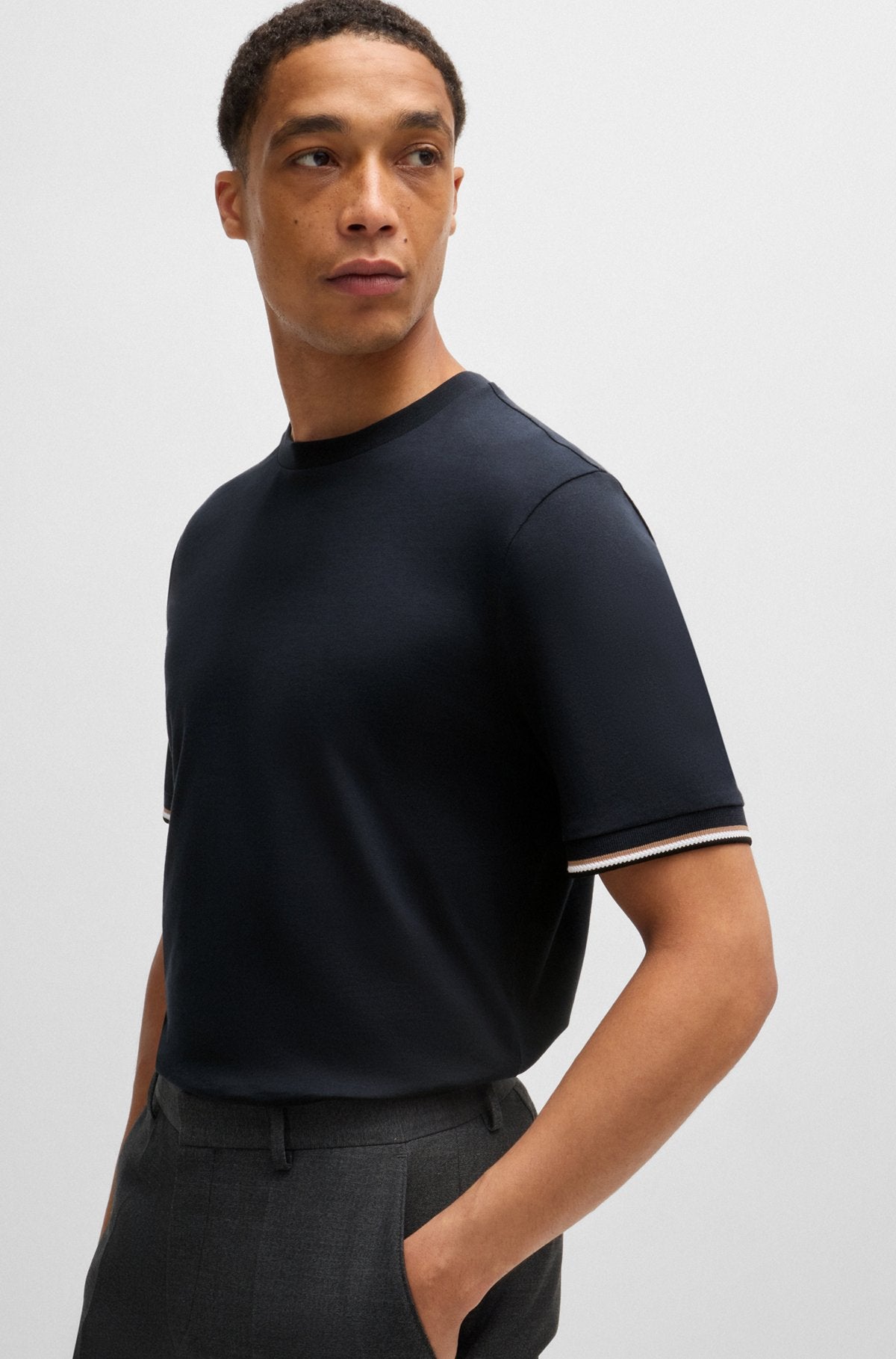 Cotton-jersey T-shirt with signature-stripe cuffs - Dark Blue