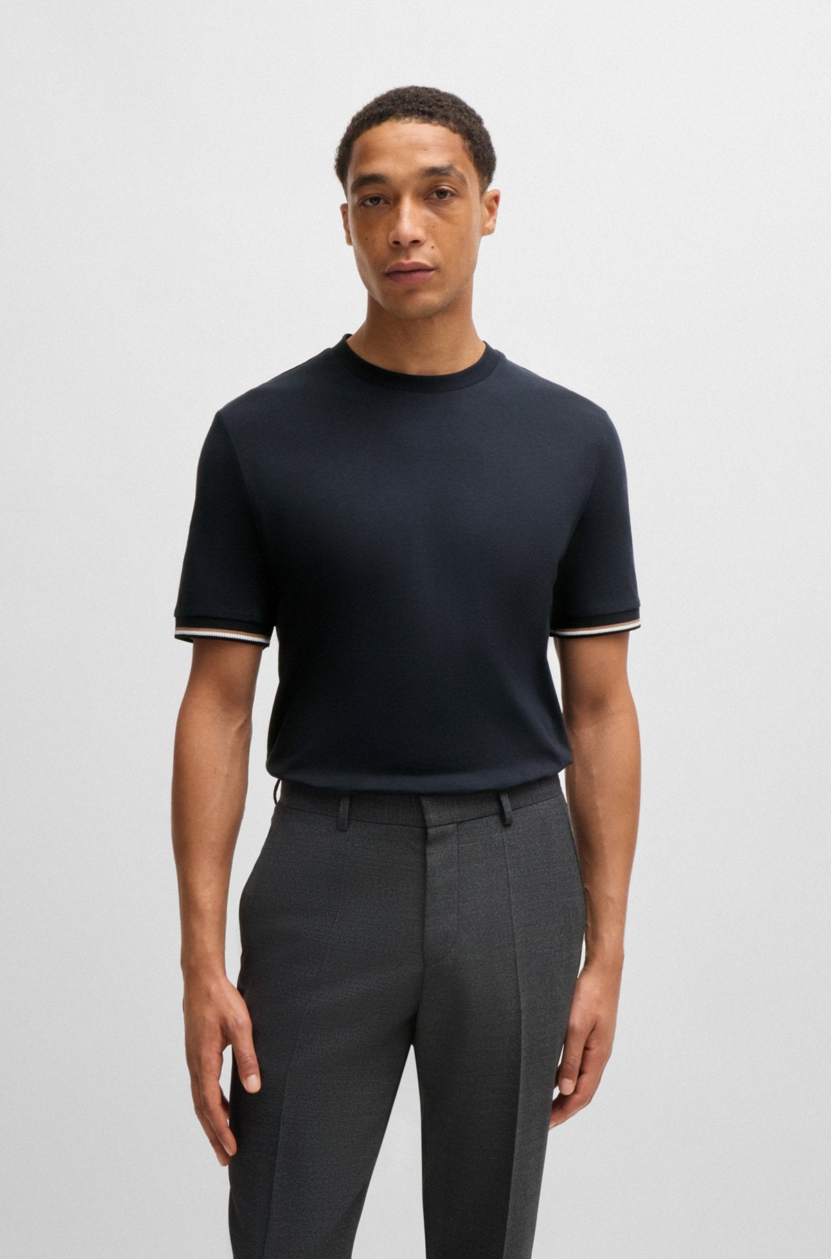 Cotton-jersey T-shirt with signature-stripe cuffs - Dark Blue