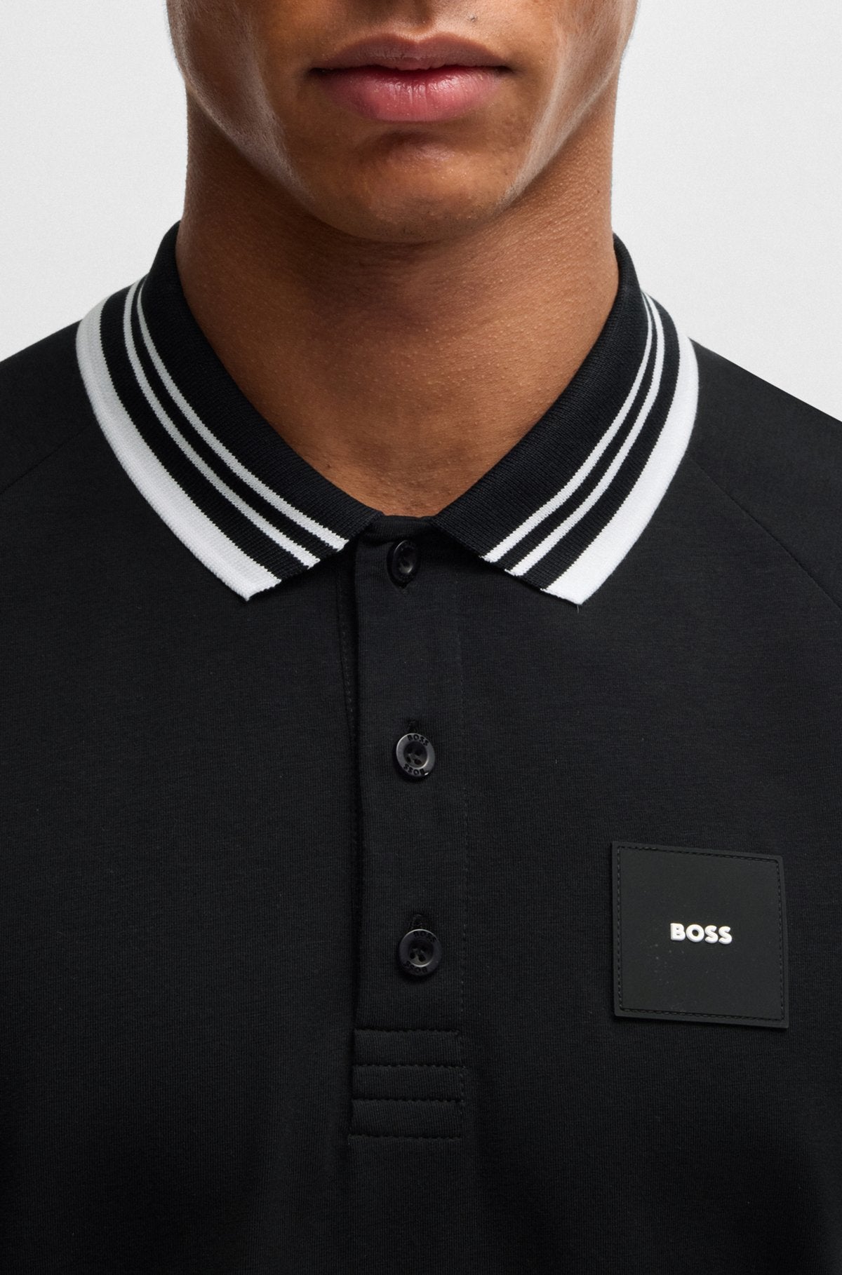 Paddy stretch-cotton polo shirt with striped collar - Black