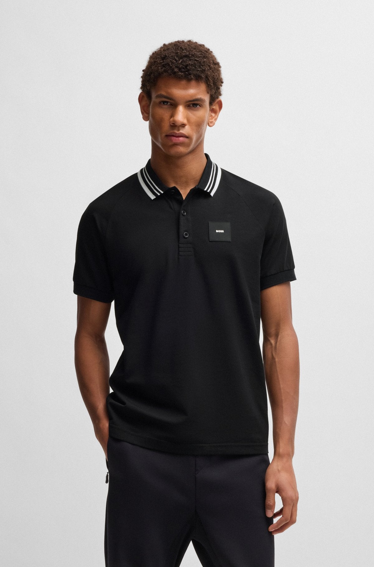 Paddy stretch-cotton polo shirt with striped collar - Black