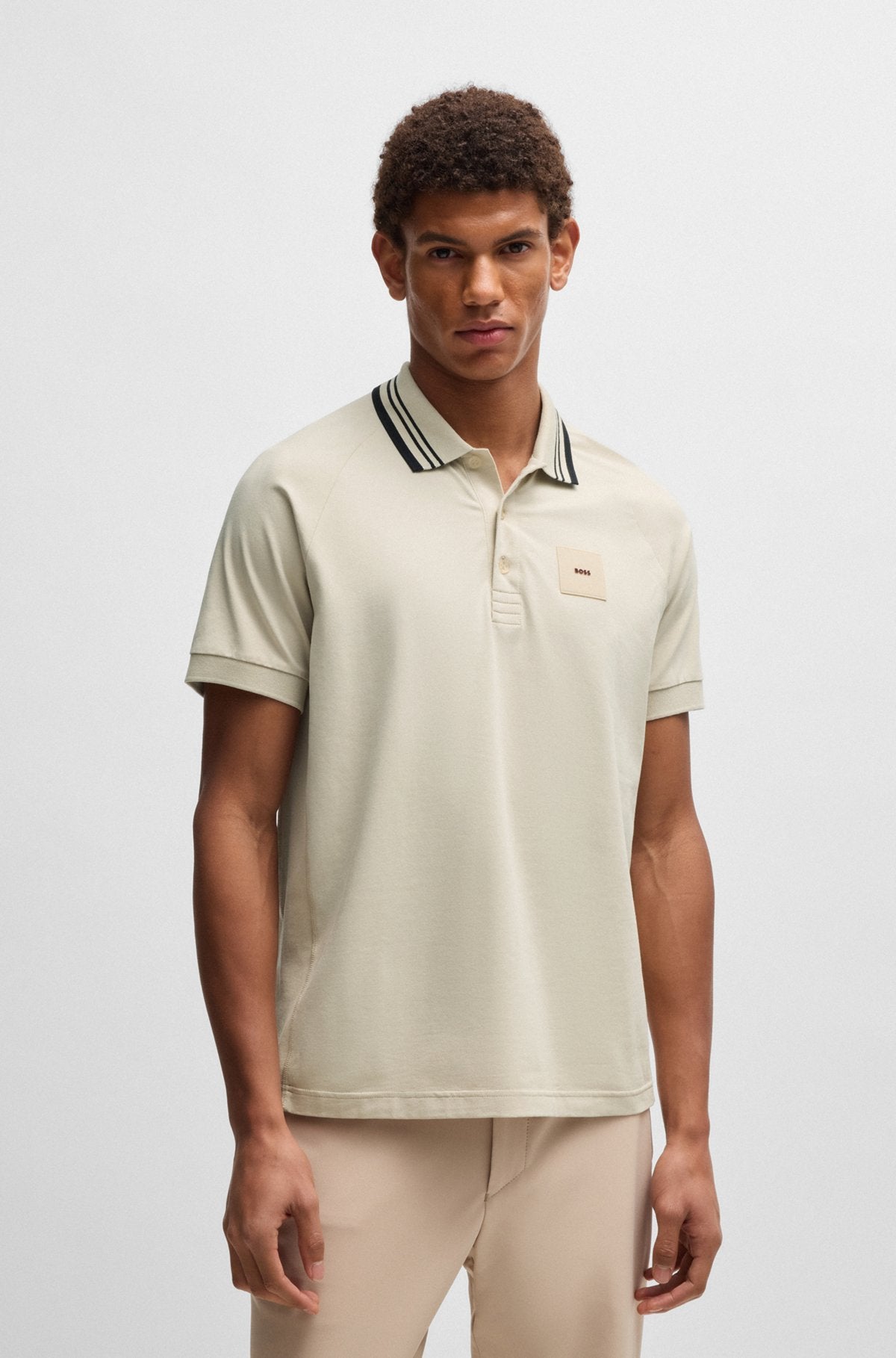 Paddy stretch-cotton polo shirt with striped collar - Light Beige