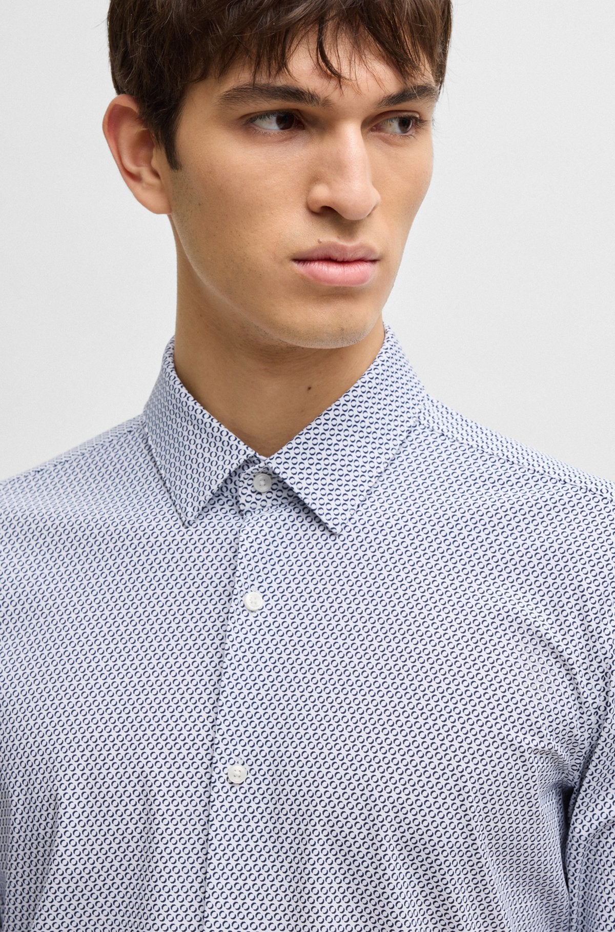 Slim-fit shirt in printed performance-stretch jersey - Dark Blue