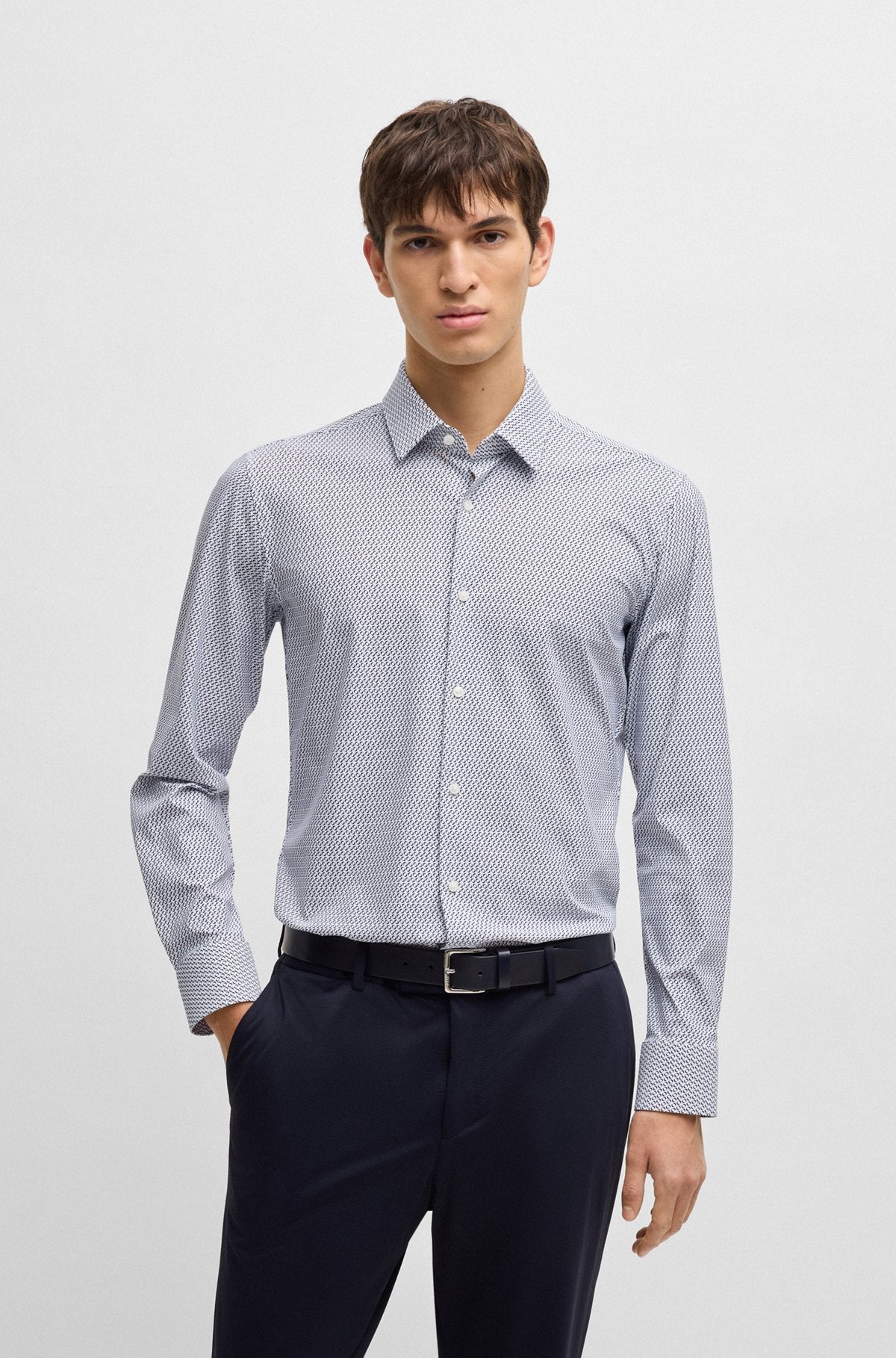 Slim-fit shirt in printed performance-stretch jersey - Dark Blue