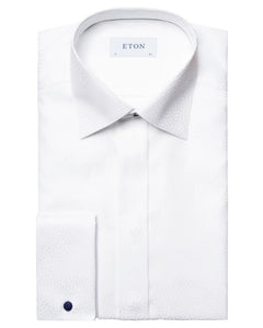 White Geometric Print Jacquard Tuxedo Shirt